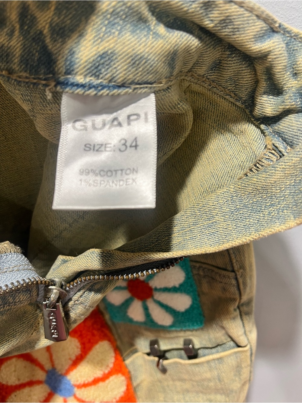 GUAPI Vintage Flowers Denim Stacked Jeans Men’s Size 34 Khaki Patchwork Flared - Picture 14 of 16